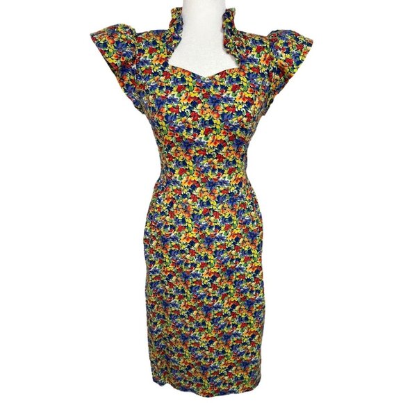 Vintage Dresses & Skirts - Vintage Leslie Lucks Petites Ruffle Collar Cap Sleeve Floral Dress Size 4 Petite